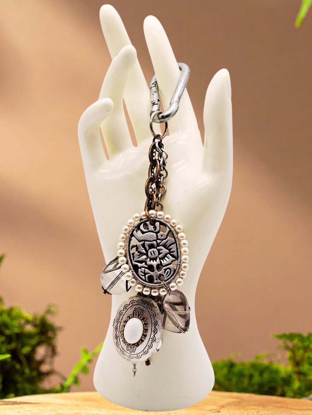Vintage Style Purse Charm Locket Keychain Faux Pearl Crystal Heart Bag Charm